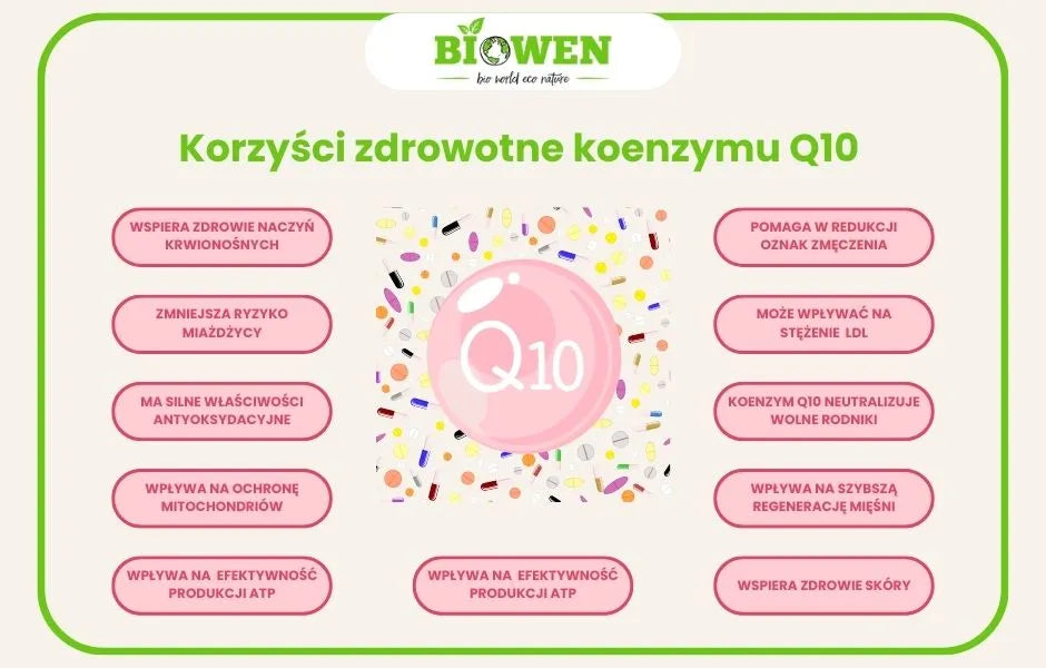 infografika koenzym Q10 korzyści zdrowotne