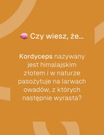 Grafika z ciekawostką o kordycepsie pasożytującym w naturze na larwach owadów.