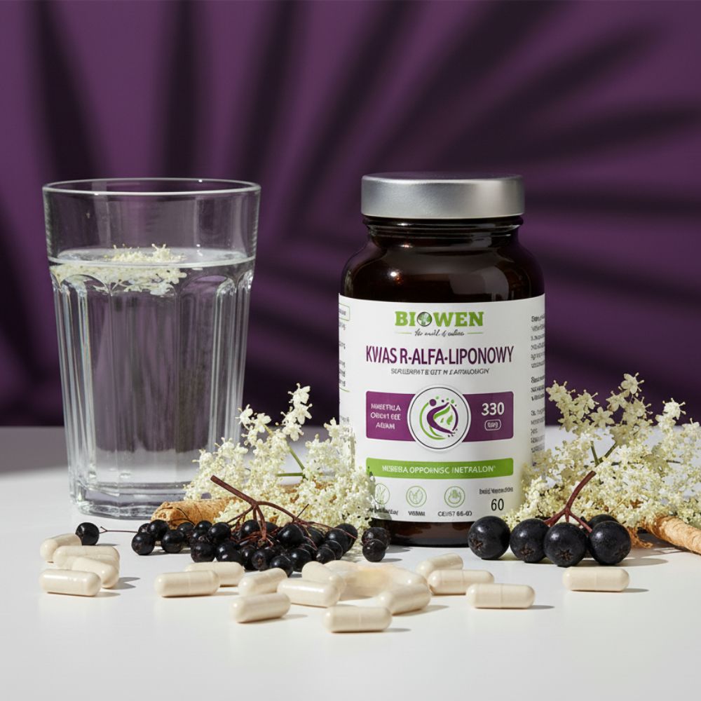 Suplement Biowen Kwas R-Alfa-Liponowy obok szklanki wody, kapsułek, owoców czarnego bzu i kwiatów bzu.