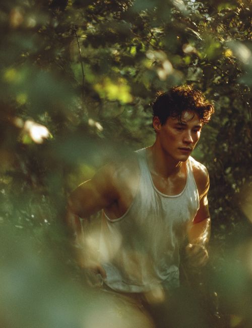 Biegający mężczyzna wśród zieleni podczas treningu na świeżym powietrzu.