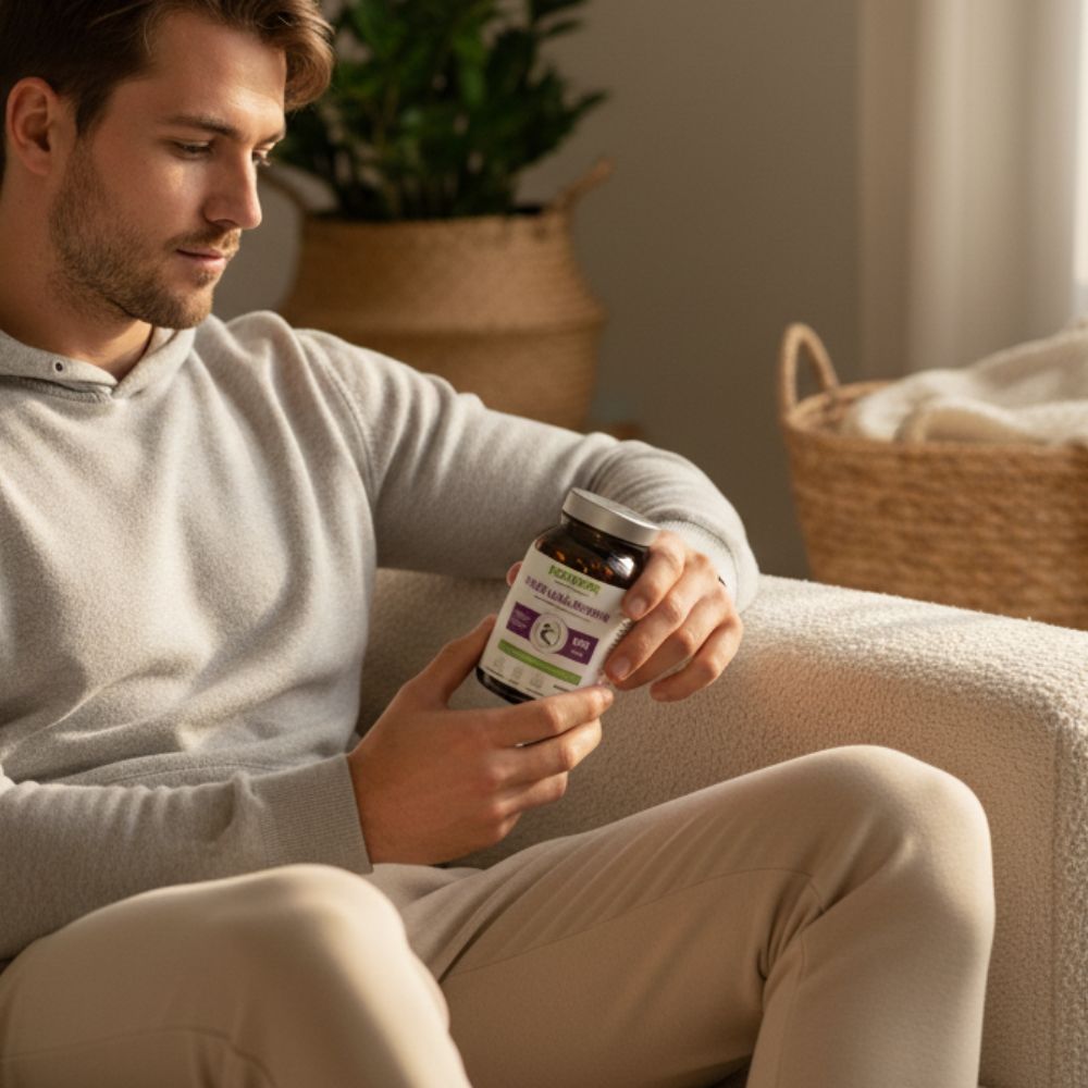 Siedzący na kanapie mężczyzna trzyma słoiczek Biowen Kwas R-Alfa-Liponowy w jasnym, przytulnym wnętrzu.
