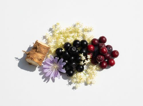 Kompozycja z owoców aronii i czarnego bzu, kwiatów bzu, korzenia i fioletowego kwiatu na białym tle.