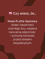 Infografika z tekstem o kwasie R-alfa-liponowym zawierającym czarny bez wspomagającym naturalną odporność i ochronę komórek.