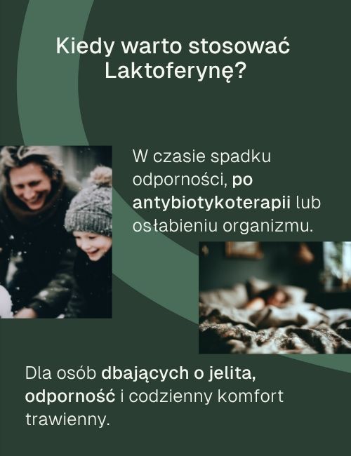 Infografika o stosowaniu laktoferyny z tekstem o odporności, antybiotykoterapii i zdjęciami rodziny oraz osoby śpiącej.