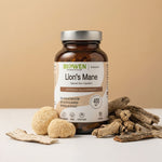 Biowen Lion’s Mane 400 mg, suplement diety w opakowaniu 90 kapsułek, obok soplówka jeżowata