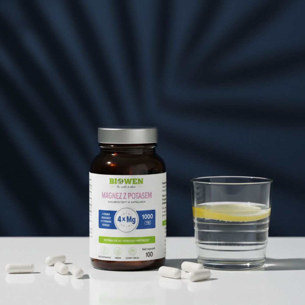 Słoik suplementu Magnez z potasem Biowen 100 kapsułek obok szklanki wody z cytryną i kilku białych kapsułek na białym tle.