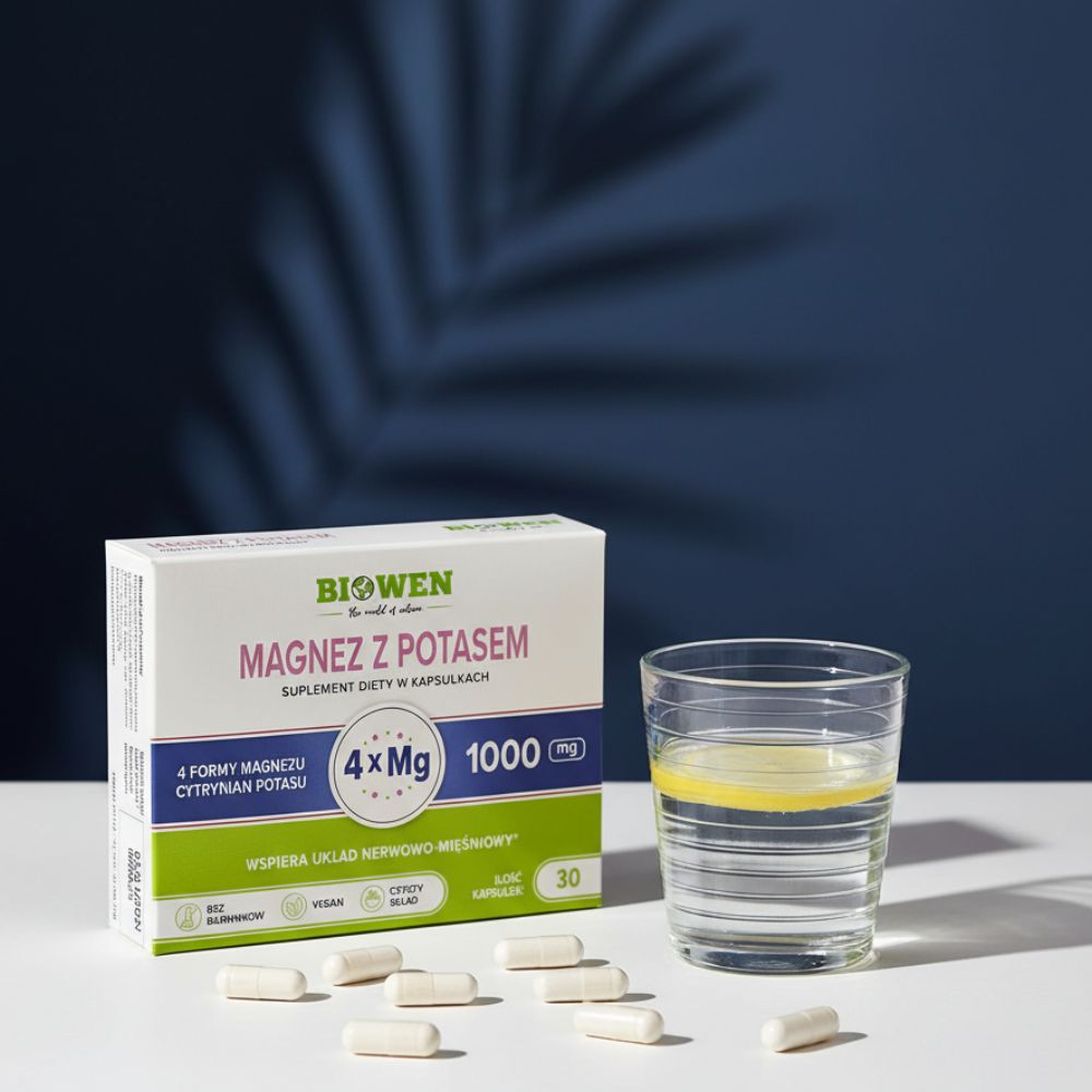 Magnez z potasem Biowen 30 kapsułek obok szklanki z wodą i rozsypanych kapsułek.