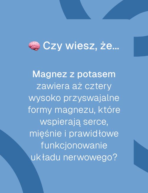 Niebieska grafika z napisem „Czy wiesz, że…” i tekstem o właściwościach suplementu Magnez z potasem.