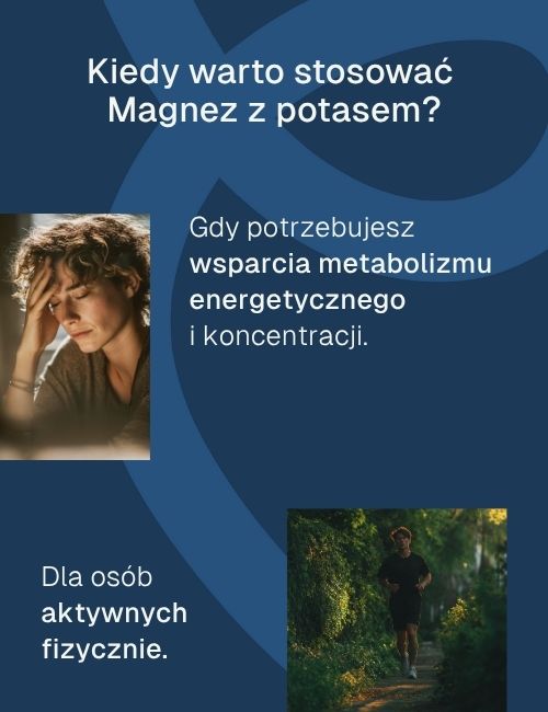 Grafika z napisem „Kiedy warto stosować Magnez z potasem?” oraz zdjęciami zmęczonej osoby i biegającego mężczyzny.