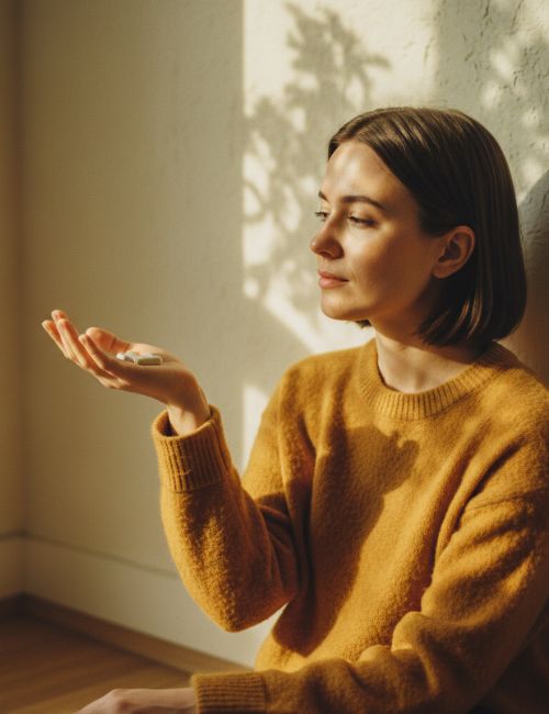 Kobieta w musztardowym swetrze siedząca przy ścianie i trzymająca w dłoni kapsułki magnezu z potasem w świetle słońca.