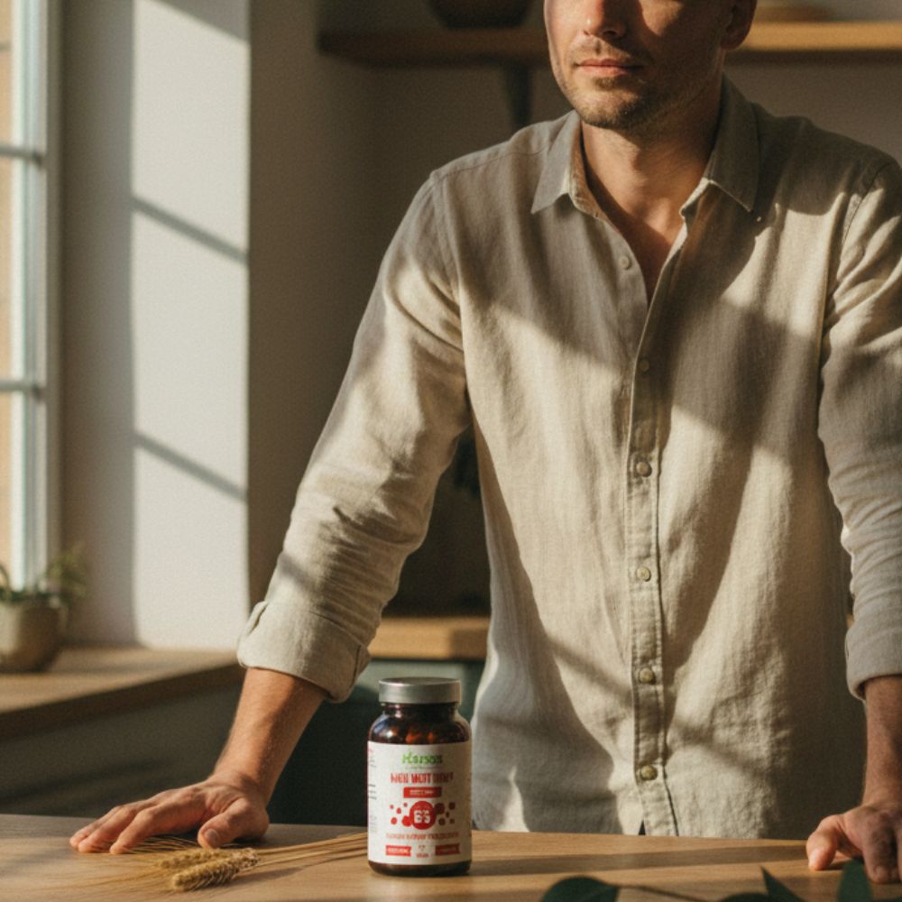 Mężczyzna w beżowej koszuli oparty o blat z produktem Niacyna (witamina B3) Biowen Proszek 120 g w słoiczku.