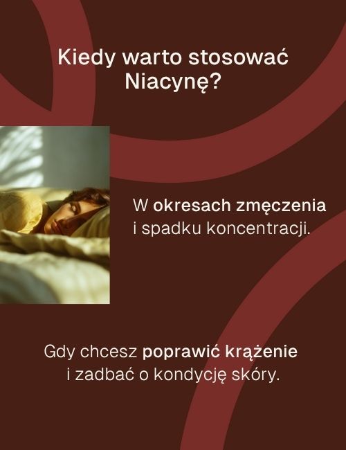 Grafika z tekstem o stosowaniu Niacyny w okresach zmęczenia i dla poprawy krążenia.