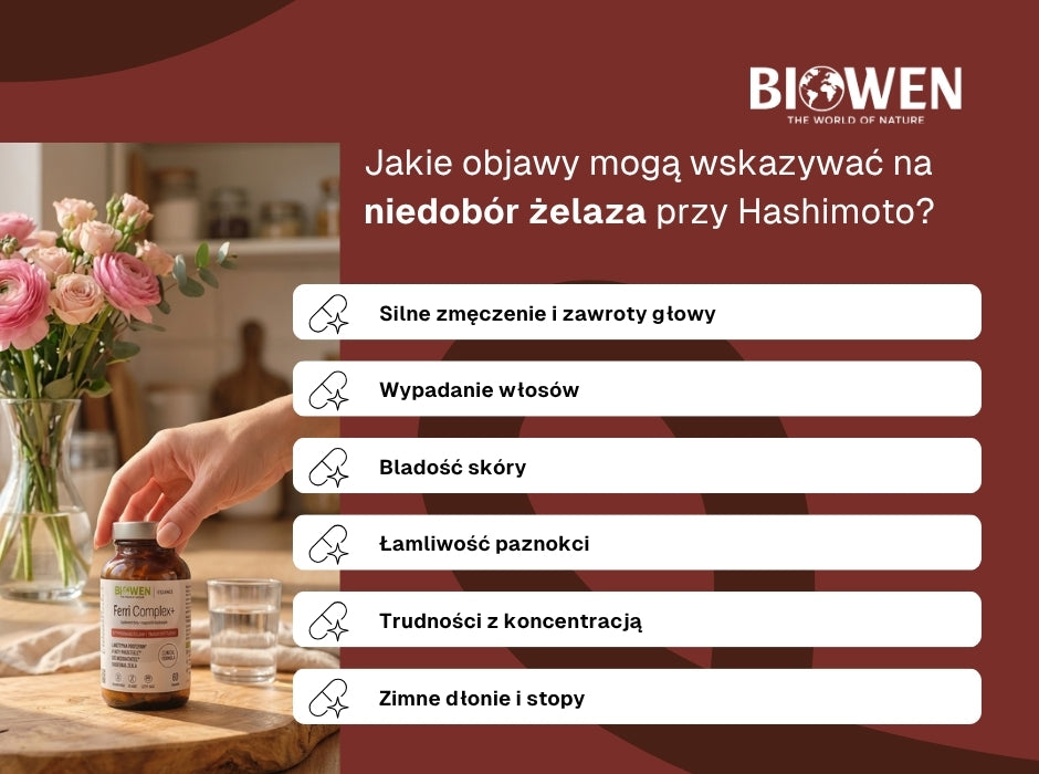 Jakie objawy mogą wskazywać na niedobór żelaza przy Hashimoto? - infografika
