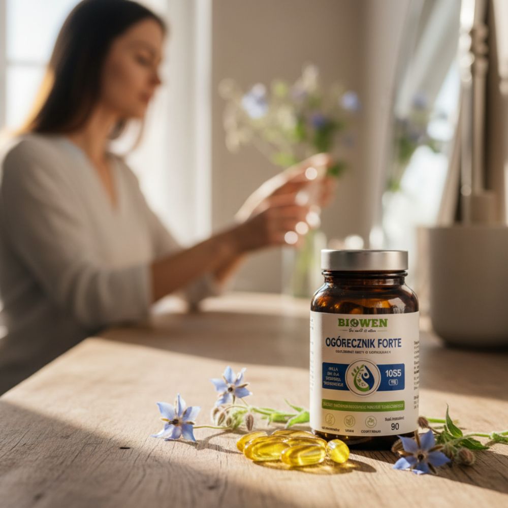Kobieta przy stole z słoiczkiem Biowen Ogórecznik Forte, kapsułkami i kwiatami ogórecznika w świetle dziennym.