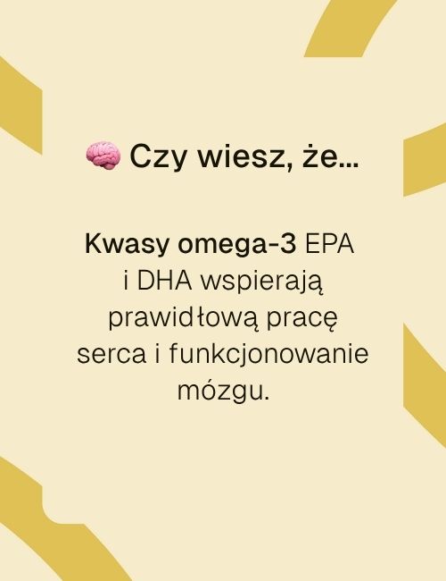 Grafika z napisem o kwasach omega-3 EPA i DHA wspierających serce i pracę mózgu.