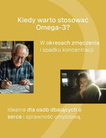Grafika o stosowaniu suplementu Omega 3 Biowen 90 kapsułek w okresach zmęczenia i dla wsparcia serca oraz koncentracji.