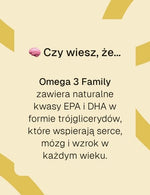 Infografika z napisem „Czy wiesz, że… Omega 3 Family zawiera naturalne kwasy EPA i DHA wspierające serce, mózg i wzrok”.