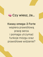 Grafika z napisem o kwasach Omega 3 Forte wspierających serce, mózg i prawidłowe widzenie.