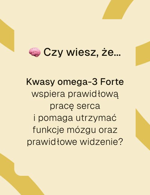 Grafika z napisem o kwasach Omega 3 Forte wspierających serce, mózg i prawidłowe widzenie.