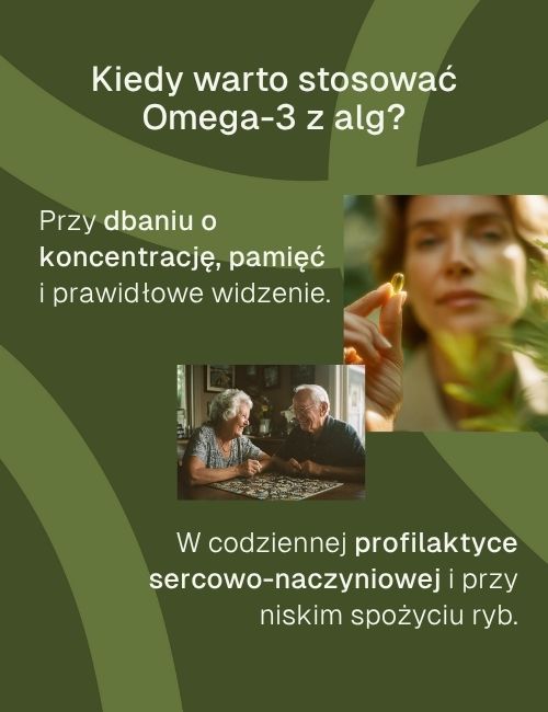 Grafika o stosowaniu suplementu Omega 3 z alg Biowen 60 kapsułek dla pamięci, koncentracji i serca.