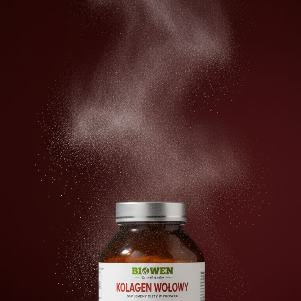 Kolagen Wołowy Biowen w proszku. Unoszący się proszek kolagenowy na stawy i urodę. Opakowanie suplementu.