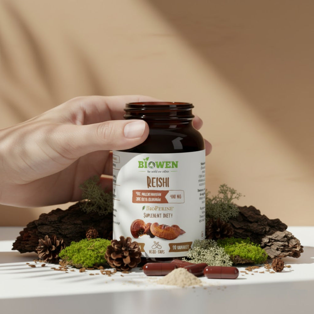 Ręka trzyma słoiczek Biowen Reishi 90 kapsułek w otoczeniu mchu i szyszek