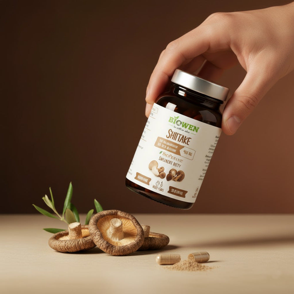 Opakowanie Biowen Shiitake 90 kapsułek trzymane w dłoni obok naturalnych grzybów