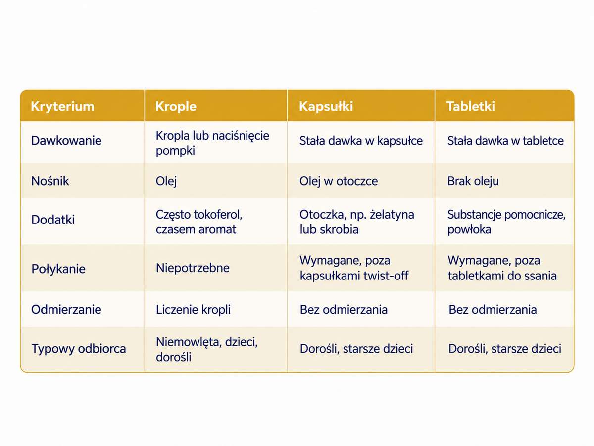 porównanie kropli, kapsulek i tabletek d3 - tabela