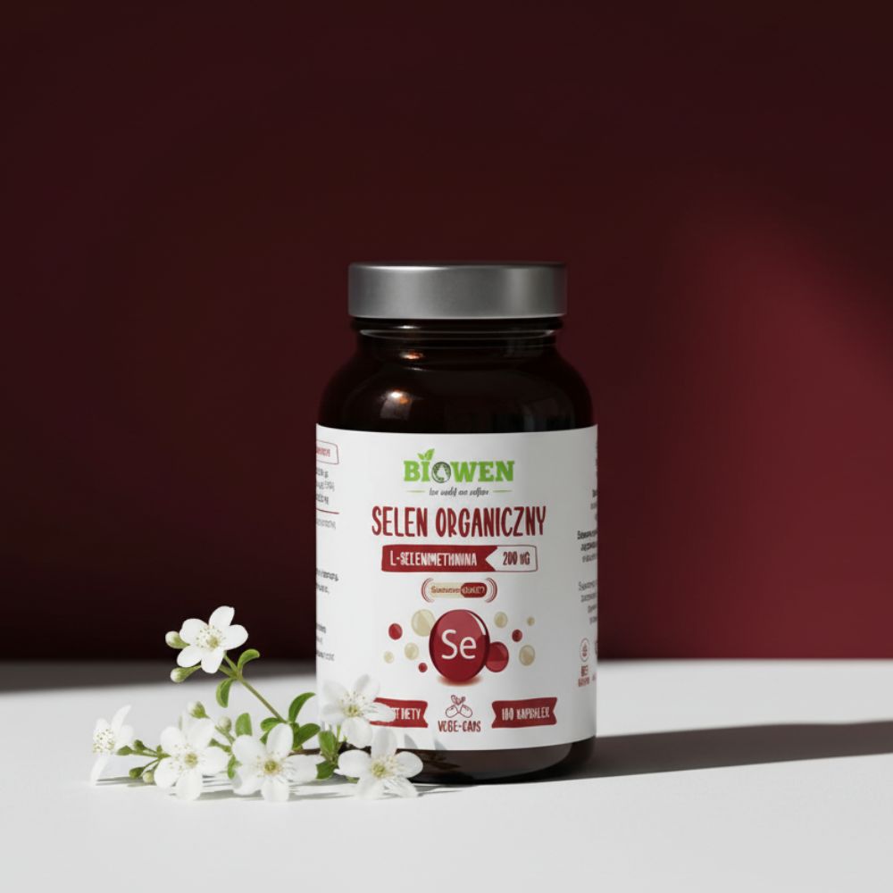 Suplement diety Selen Organiczny Biowen 100 kapsułek w szklanym słoiczku.