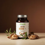 Suplement Biowen Shiitake 90 kapsułek w brązowym słoiczku otoczony grzybami shiitake