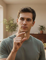 Mężczyzna w zielonej koszulce trzyma kapsułkę Biowen Shiitake w dłoni