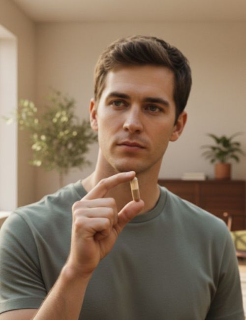 Mężczyzna w zielonej koszulce trzyma kapsułkę Biowen Shiitake w dłoni