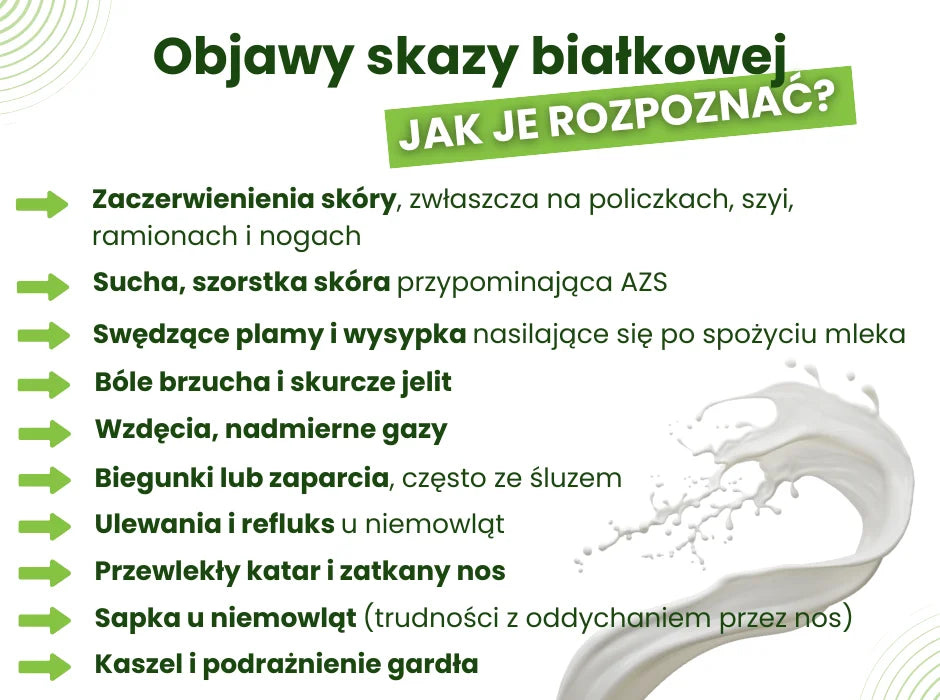 Skaza białkowa - objawy - infografika"