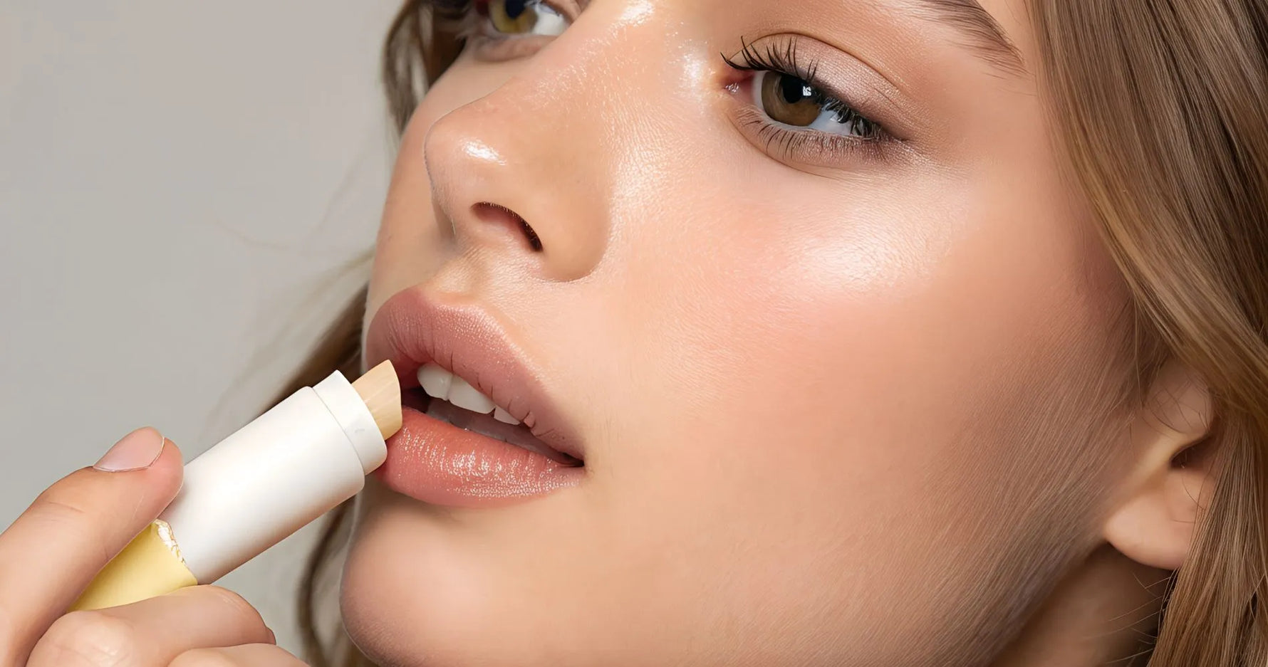 Kobieta nakłada balsam ochronny na suche usta – pielęgnacja i nawilżenie warg.
