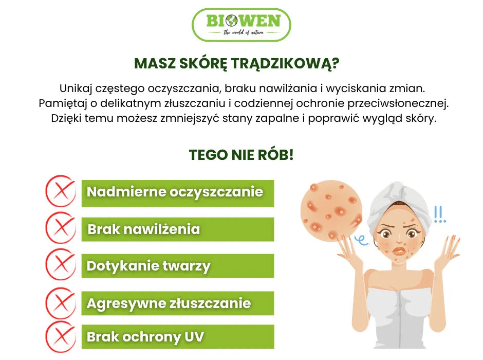 Błędy w pielęgnacji skóry trądzikowej - infografika