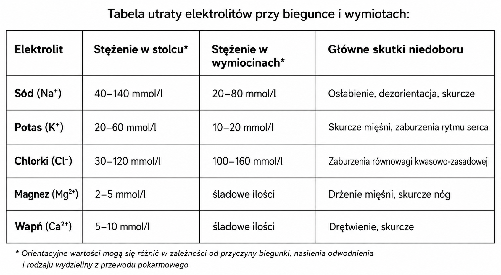 Utrata elektrolitów przy biegunce i wymiotach - tabela