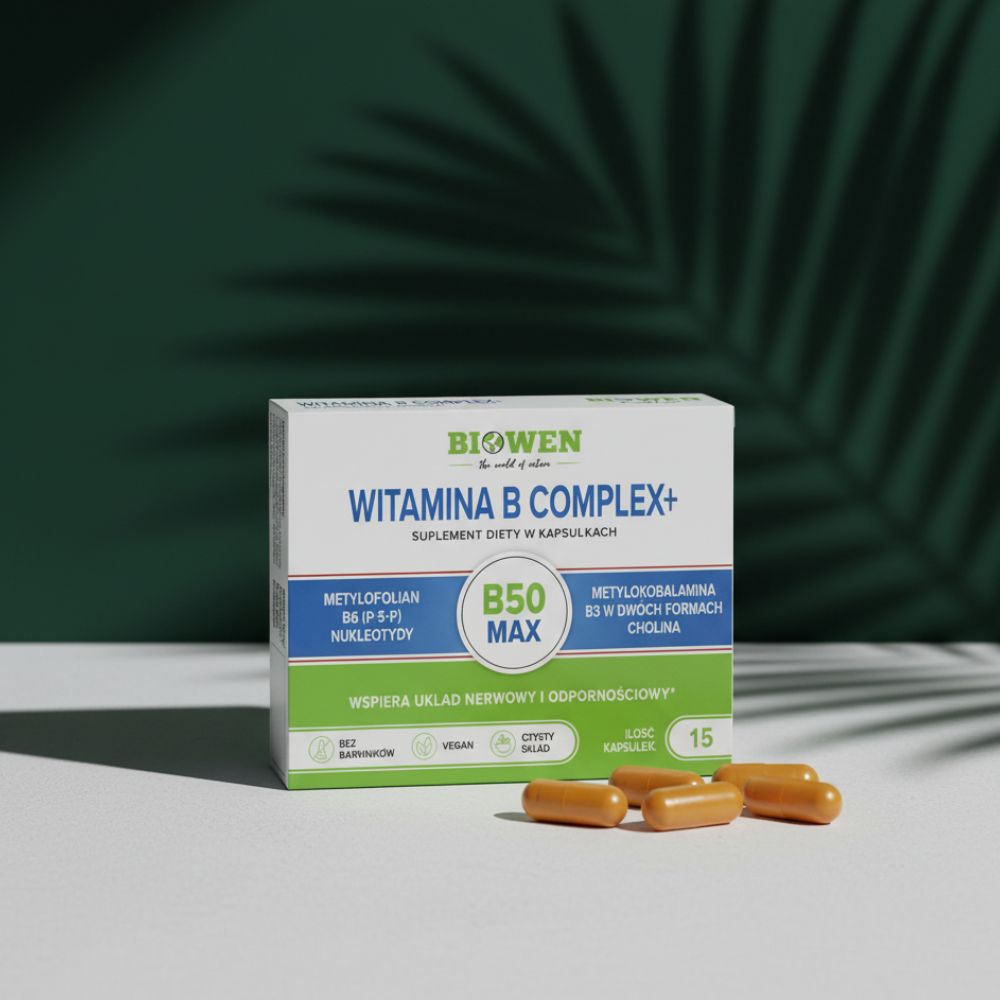 Opakowanie suplementu Witamina B Complex+ Biowen 15 kapsułek z pomarańczowymi kapsułkami na jasnej powierzchni.
