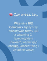 Infografika z napisem „Czy wiesz, że… Witamina B12 Complex+ łączy trzy bioaktywne formy B12 z witaminą C i prebiotykiem”.