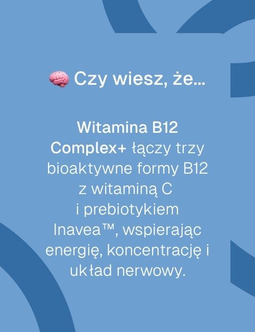 Infografika z napisem „Czy wiesz, że… Witamina B12 Complex+ łączy trzy bioaktywne formy B12 z witaminą C i prebiotykiem”.