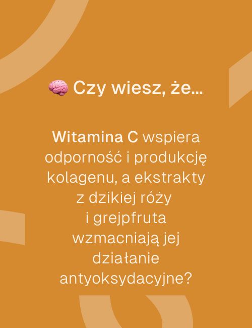 Grafika z napisem o witaminie C wspierającej odporność i produkcję kolagenu.