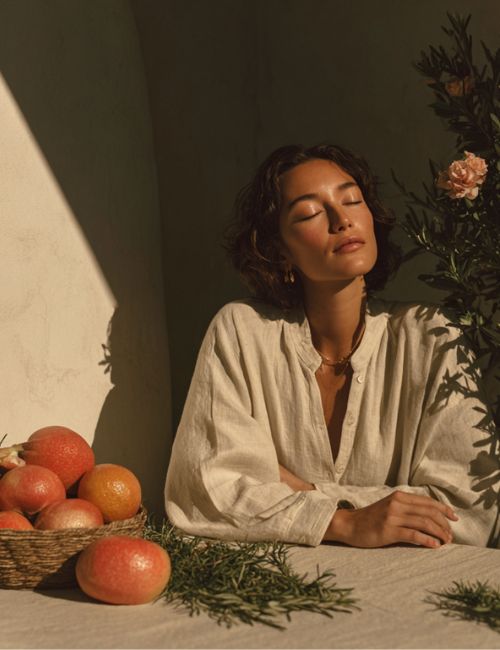 Kobieta w jasnej koszuli siedzi przy stole z grejpfrutami i gałązkami rozmarynu w słońcu.