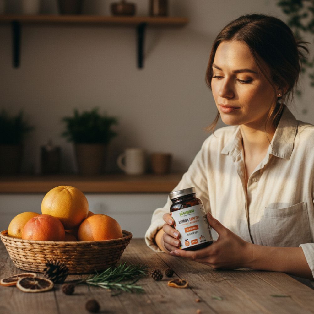 Kobieta w jasnej koszuli trzyma słoiczek Biowen Witamina C Complex+ 100 kapsułek przy stole z koszykiem grejpfrutów.