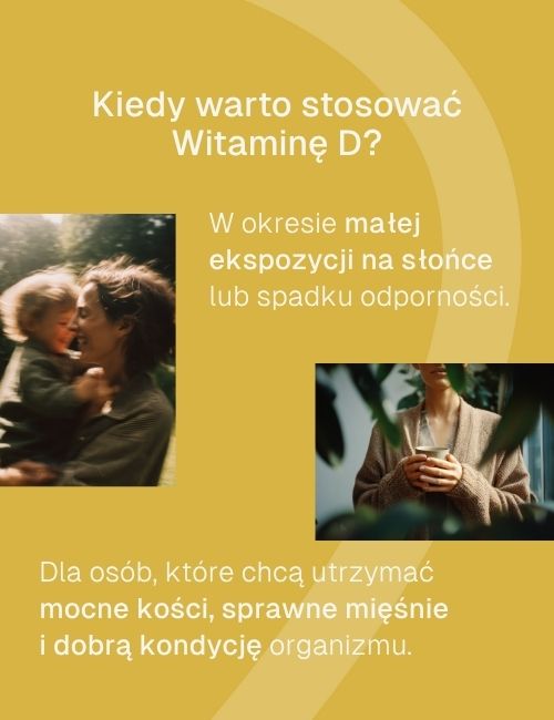 Infografika „Kiedy warto stosować Witaminę D?” z obrazami kobiet i wskazówkami zdrowotnymi.