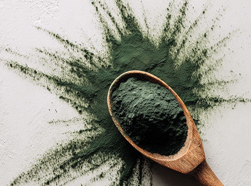 Drewniana łyżka z proszkiem Bio Chlorella Biowen rozsypanym na białej powierzchni.