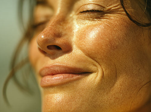 Zbliżenie uśmiechniętej twarzy kobiety w promieniach słońca