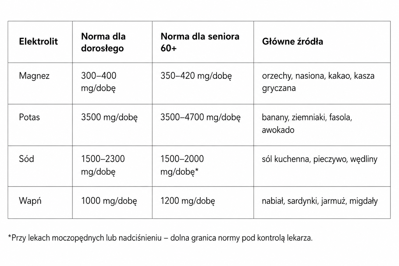 Zapotrzebowanie na elektrolity dla seniora - tabela