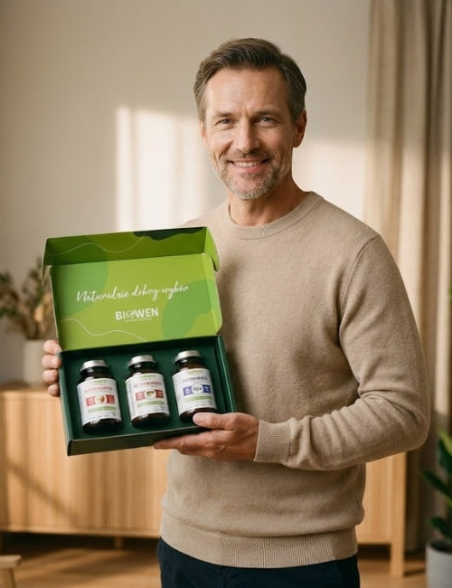 Mężczyzna trzymający prezentowy zestaw suplementów Biowen 