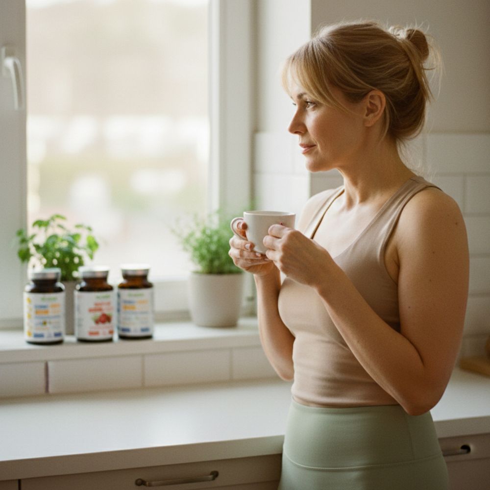 Kobieta przy oknie z kubkiem, a na parapecie widoczne produkty z zestawu Statin Protect Biowen.