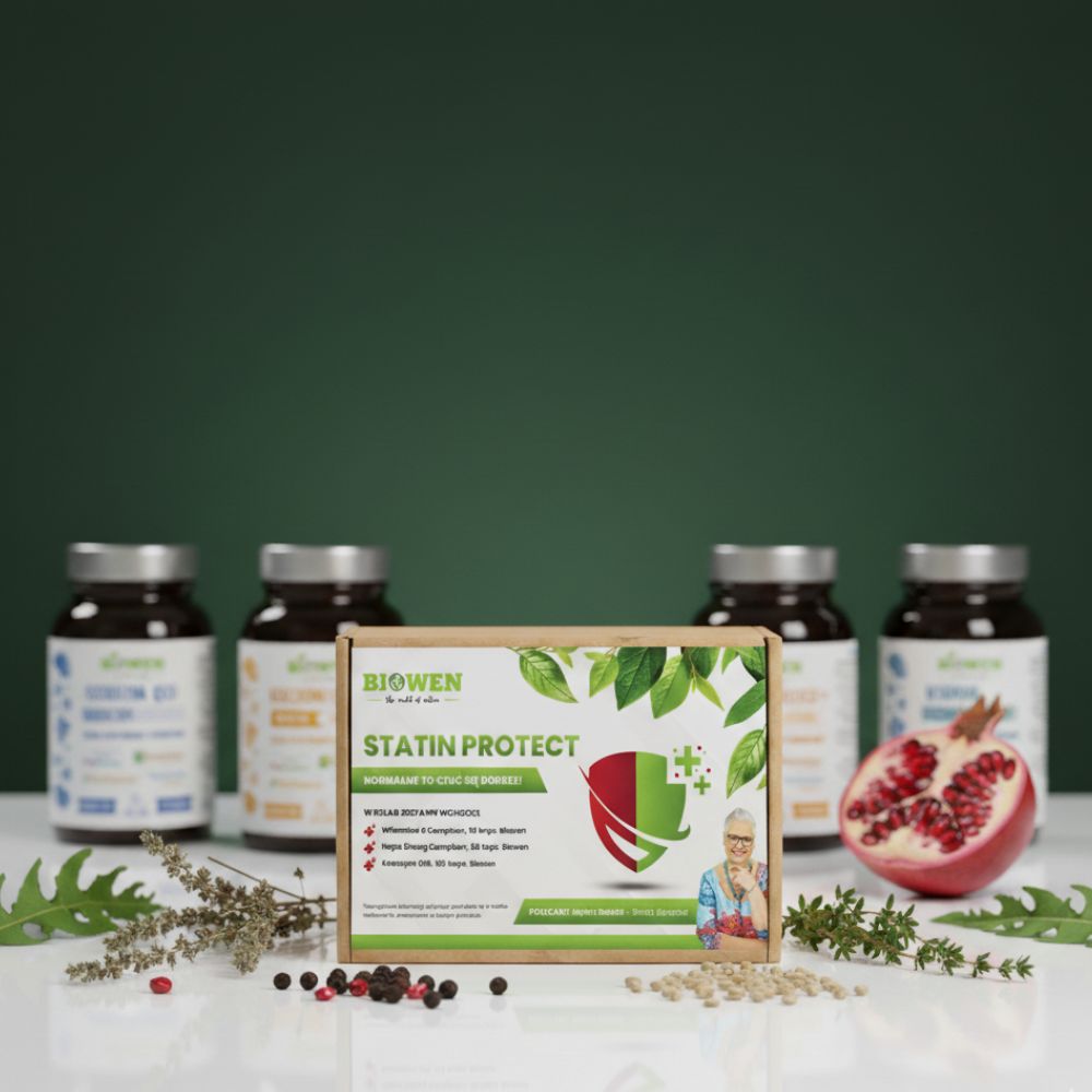 Opakowanie Statin Protect Biowen na stole w otoczeniu roślin i innych suplementów marki.