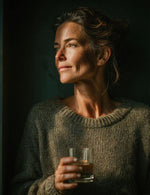 Kobieta w swetrze trzyma szklankę z napojem, patrząc w bok w ciepłym świetle.